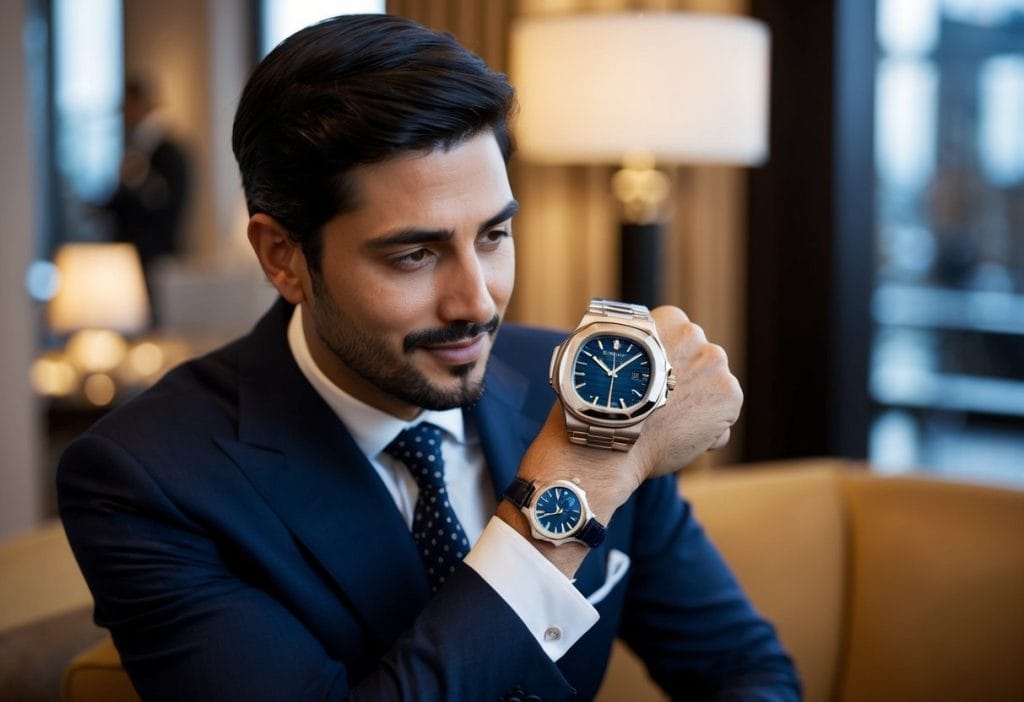 A man wearing a Patek Philippe Nautilus admires a timeless watch surrounded by luxury and sophistication
